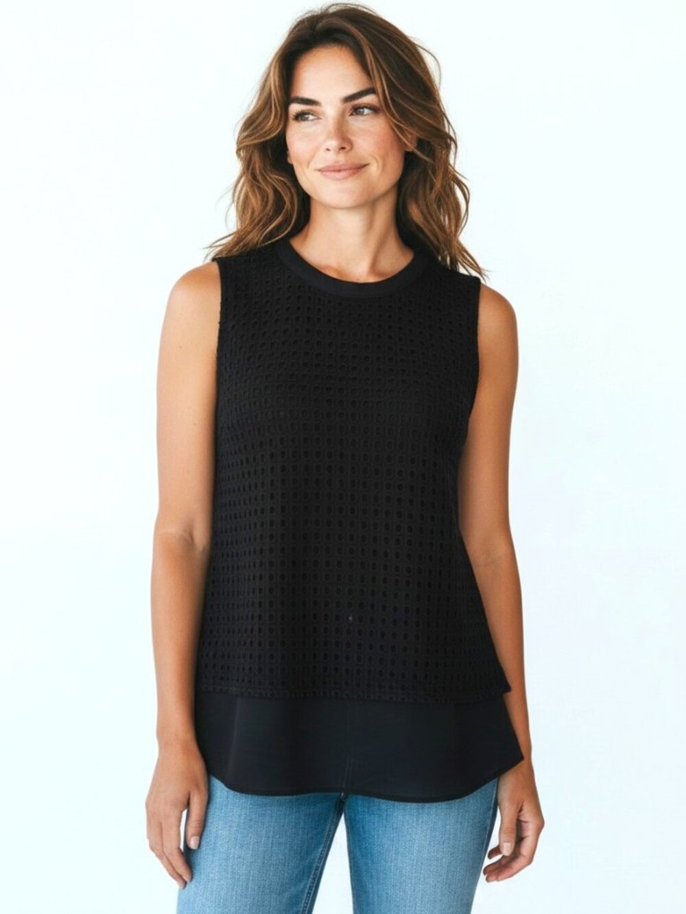J.Crew Black Eyelet Boxy Sleeveless Blouse with Sheer Underlay